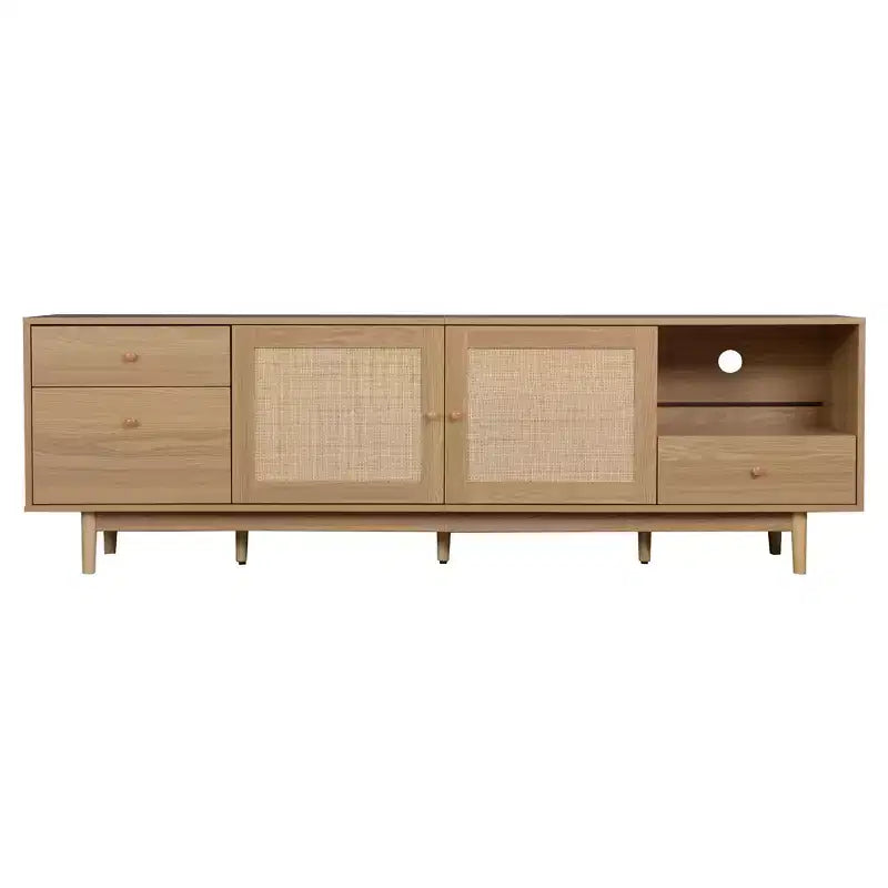 Meuble TV bohème pour téléviseurs jusqu'à 85 pouces, Meuble TV Console Meuble TV avec Portes en Rotin, Marron - ModernLuxe