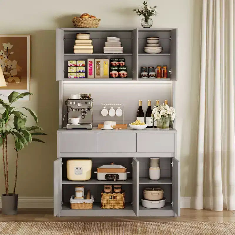 Meuble de rangement pour garde-manger de cuisine 71" avec éclairage LED et prise, Buffet de cuisine avec étagère pour micro-ondes, tiroir et étagère réglable, pour salle à manger