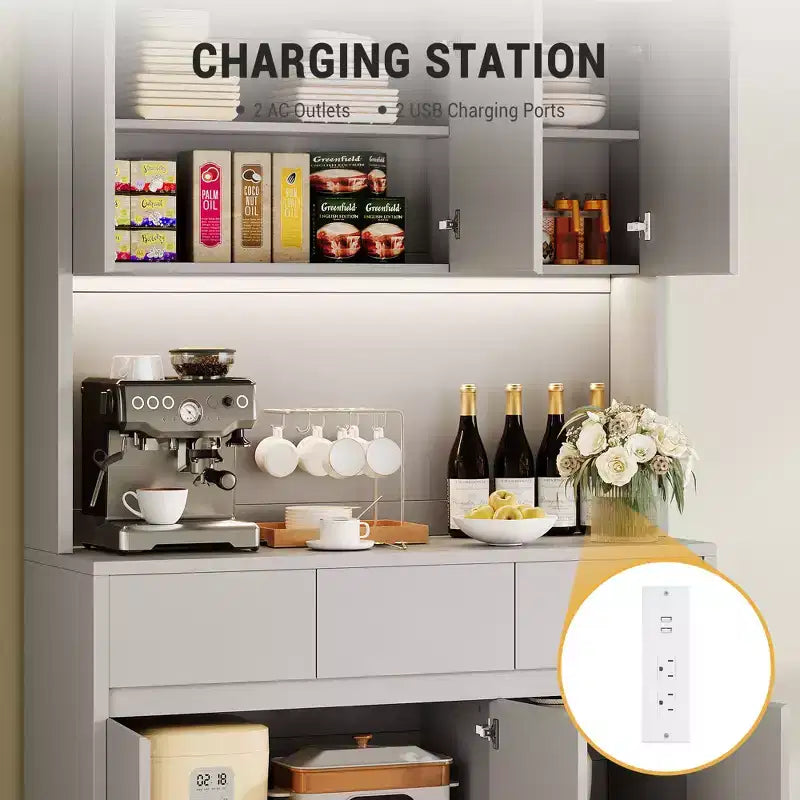 Meuble de rangement pour garde-manger de cuisine 71" avec éclairage LED et prise, Buffet de cuisine avec étagère pour micro-ondes, tiroir et étagère réglable, pour salle à manger