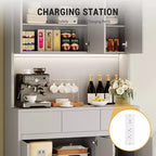 Meuble de rangement pour garde-manger de cuisine 71" avec éclairage LED et prise, Buffet de cuisine avec étagère pour micro-ondes, tiroir et étagère réglable, pour salle à manger