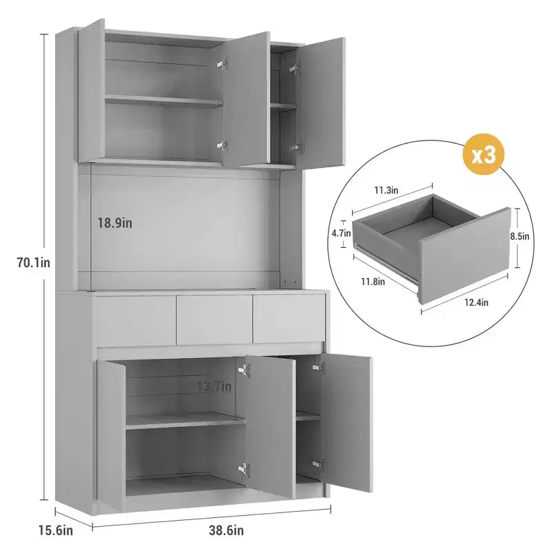 Meuble de rangement pour garde-manger de cuisine 71" avec éclairage LED et prise, Buffet de cuisine avec étagère pour micro-ondes, tiroir et étagère réglable, pour salle à manger