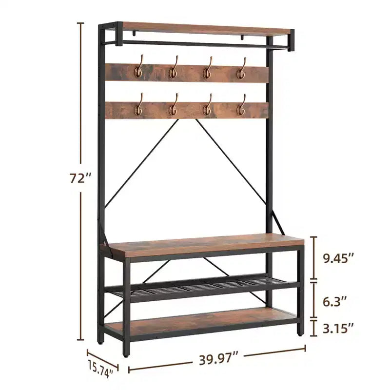 Porte-manteau et banc à chaussures de 72 po – Meuble de rangement industriel pour entrée avec tablette et crochets