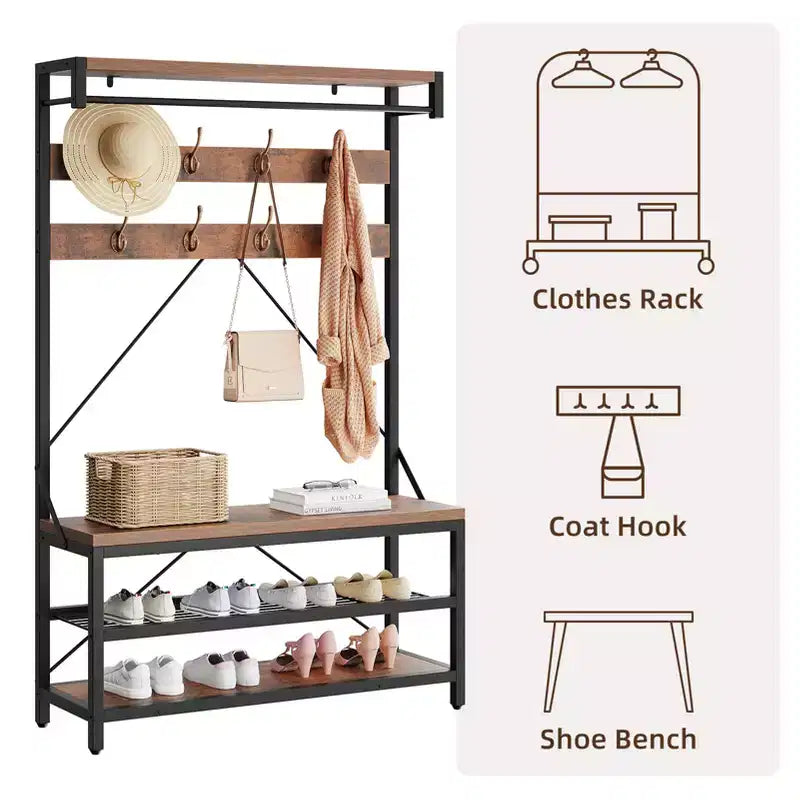 Porte-manteau et banc à chaussures de 72 po – Meuble de rangement industriel pour entrée avec tablette et crochets