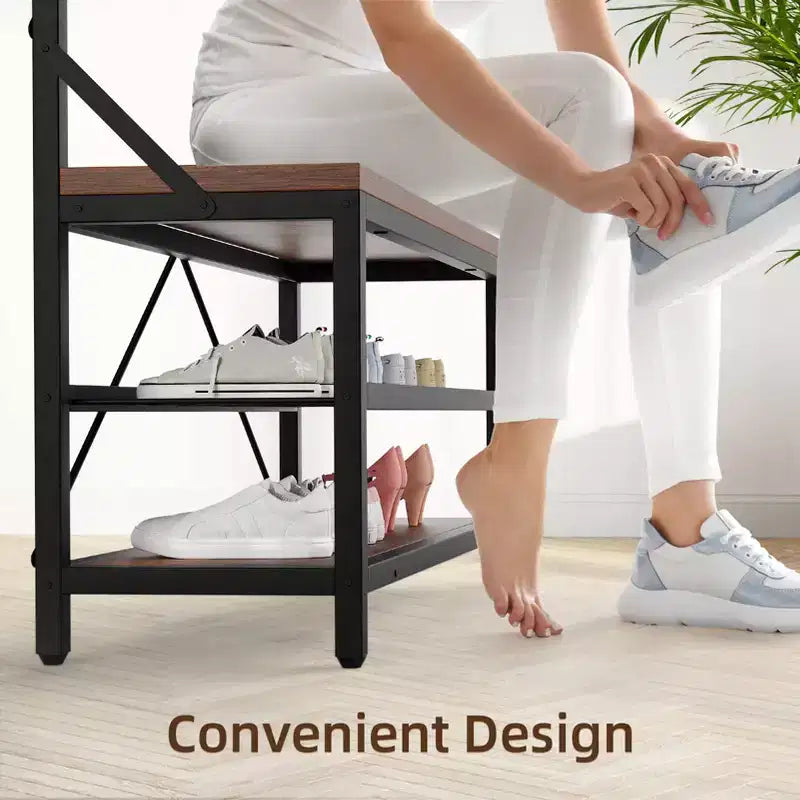 Porte-manteau et banc à chaussures de 72 po – Meuble de rangement industriel pour entrée avec tablette et crochets
