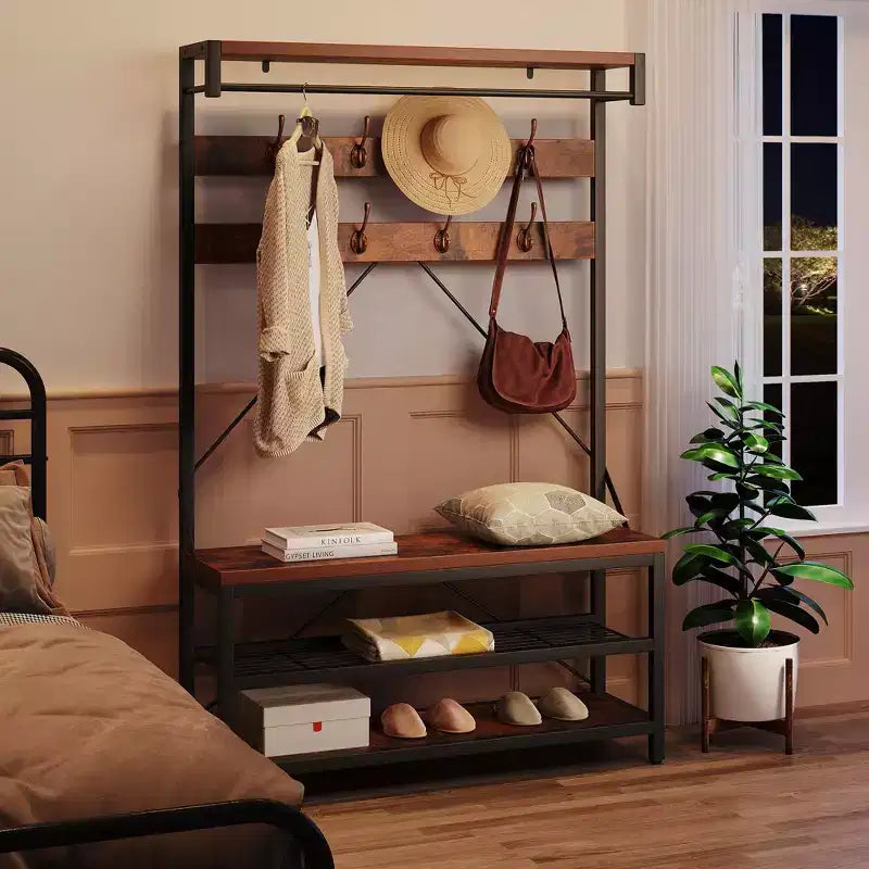Porte-manteau et banc à chaussures de 72 po – Meuble de rangement industriel pour entrée avec tablette et crochets
