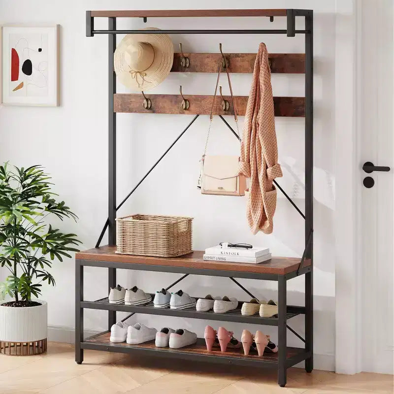 Porte-manteau et banc à chaussures de 72 po – Meuble de rangement industriel pour entrée avec tablette et crochets