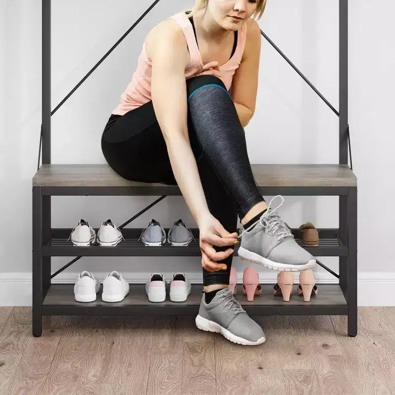 Porte-manteau et banc à chaussures de 72 po – Meuble de rangement industriel pour entrée avec tablette et crochets
