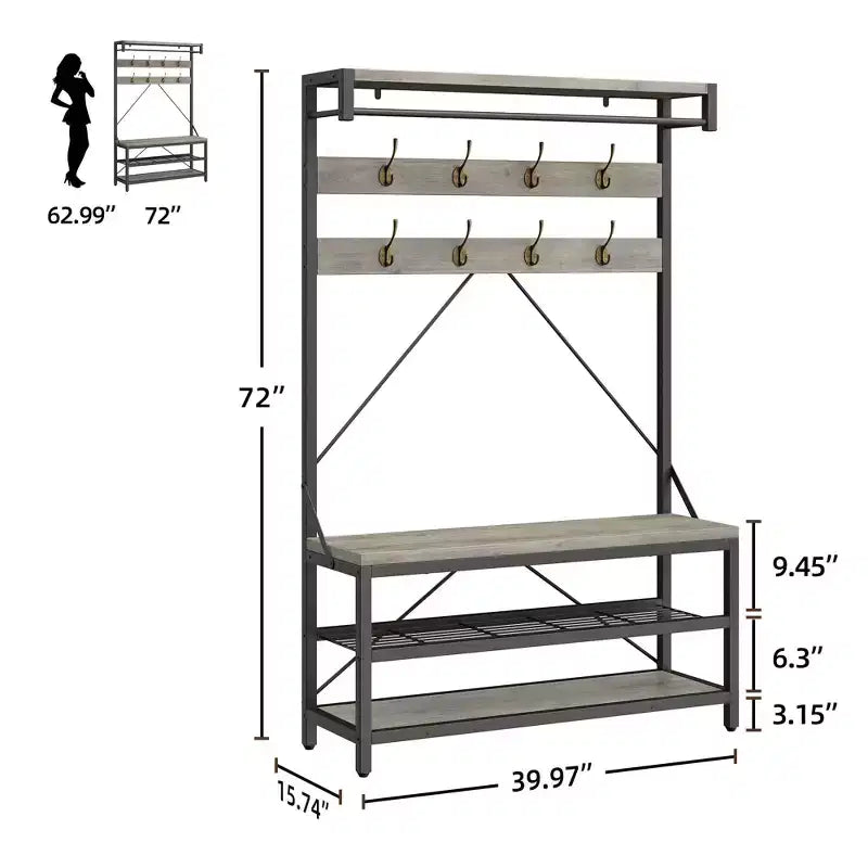 Porte-manteau et banc à chaussures de 72 po – Meuble de rangement industriel pour entrée avec tablette et crochets