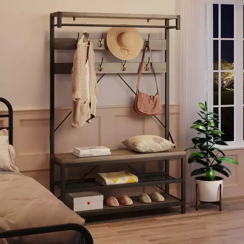 Porte-manteau et banc à chaussures de 72 po – Meuble de rangement industriel pour entrée avec tablette et crochets