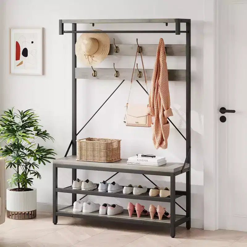 Porte-manteau et banc à chaussures de 72 po – Meuble de rangement industriel pour entrée avec tablette et crochets