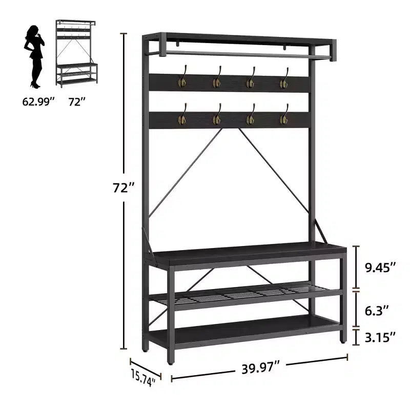 Porte-manteau et banc à chaussures de 72 po – Meuble de rangement industriel pour entrée avec tablette et crochets