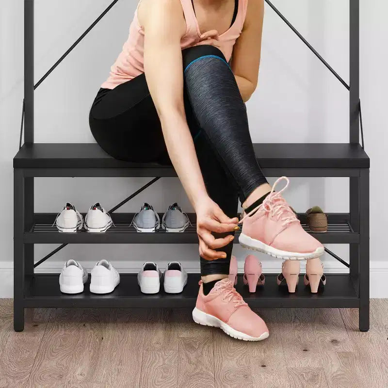Porte-manteau et banc à chaussures de 72 po – Meuble de rangement industriel pour entrée avec tablette et crochets