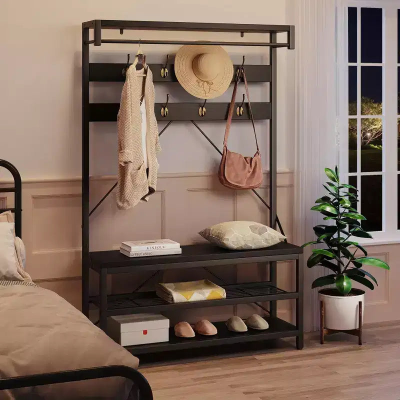Porte-manteau et banc à chaussures de 72 po – Meuble de rangement industriel pour entrée avec tablette et crochets