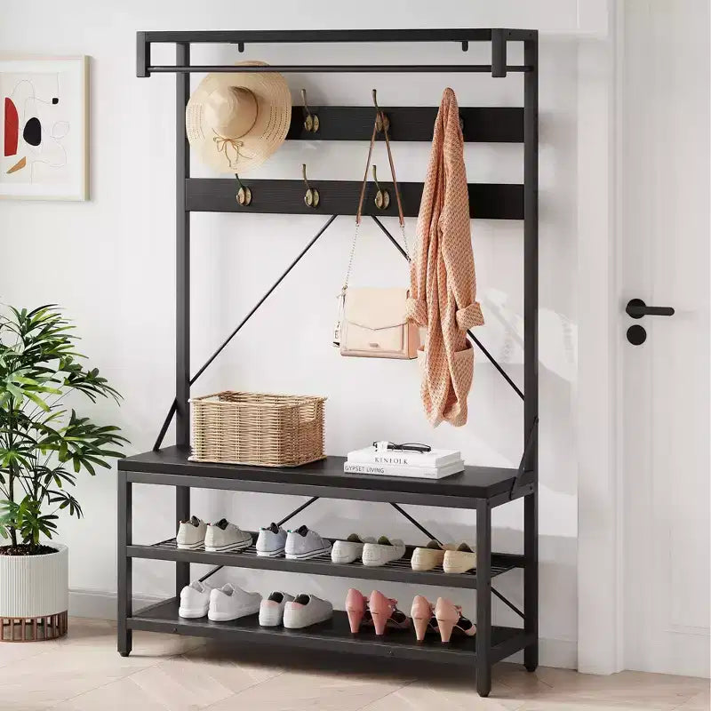 Porte-manteau et banc à chaussures de 72 po – Meuble de rangement industriel pour entrée avec tablette et crochets