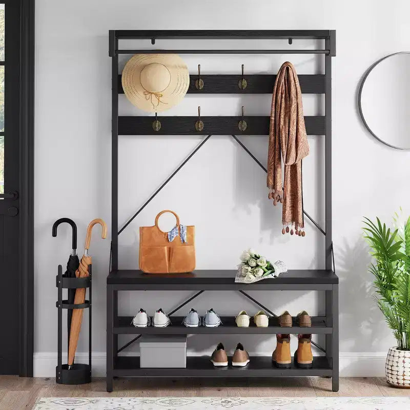 72 Tall Coat Rack & Shoe Bench  Industrial Entryway Storage with Shelf & Hooks