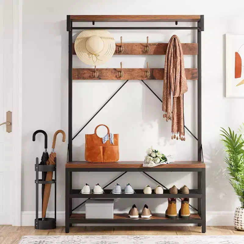 Porte-manteau et banc à chaussures de 72 po – Meuble de rangement industriel pour entrée avec tablette et crochets