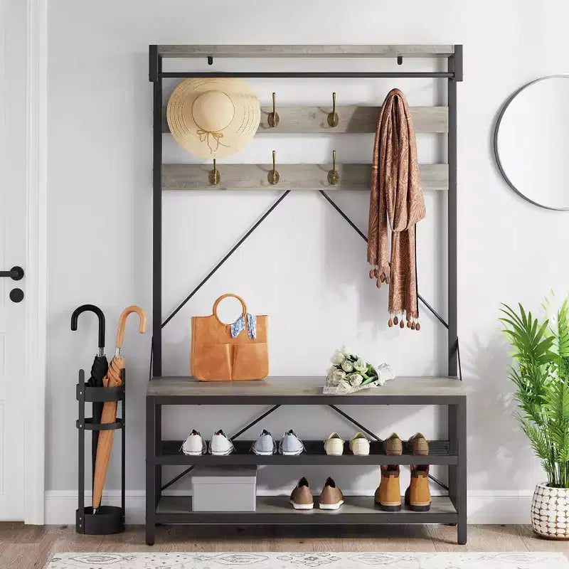 Porte-manteau et banc à chaussures de 72 po – Meuble de rangement industriel pour entrée avec tablette et crochets