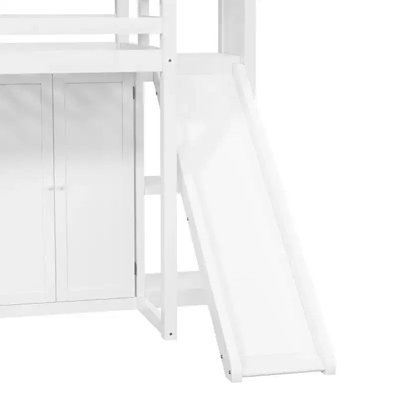 Lit mezzanine en bois pour enfant avec armoire, étagères de rangement, toboggan et lumières LED 7 couleurs, cadre robuste en pin/MDF, blanc - ModernLuxe