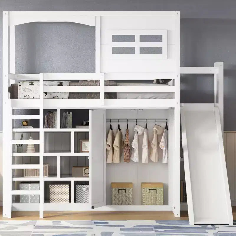Lit mezzanine en bois pour enfant avec armoire, étagères de rangement, toboggan et lumières LED 7 couleurs, cadre robuste en pin/MDF, blanc - ModernLuxe