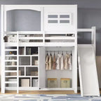 Lit mezzanine en bois pour enfant avec armoire, étagères de rangement, toboggan et lumières LED 7 couleurs, cadre robuste en pin/MDF, blanc - ModernLuxe