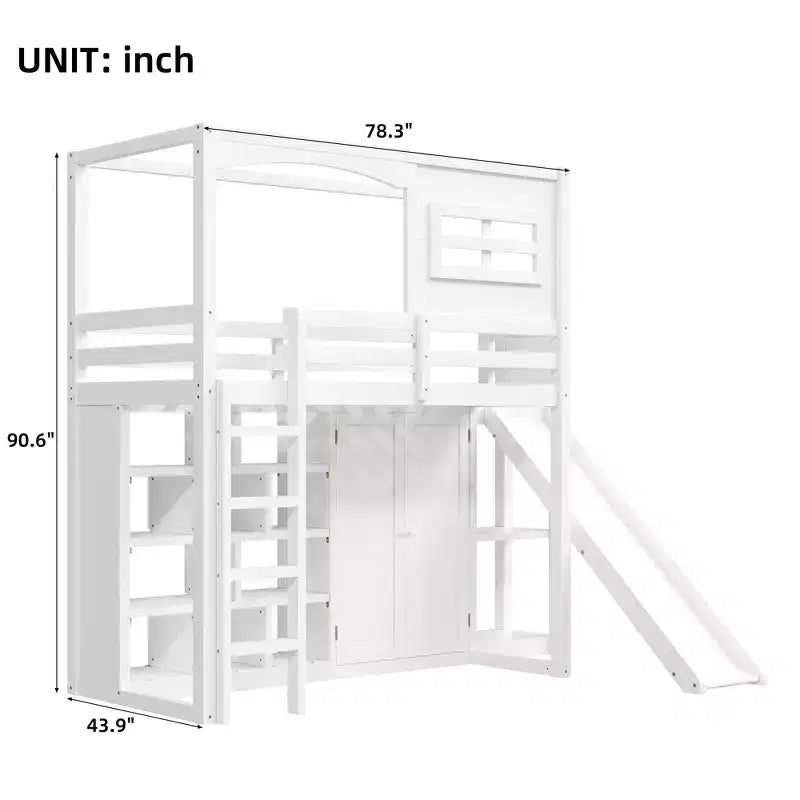 Lit mezzanine en bois pour enfant avec armoire, étagères de rangement, toboggan et lumières LED 7 couleurs, cadre robuste en pin/MDF, blanc - ModernLuxe