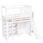 Lit mezzanine en bois pour enfant avec armoire, étagères de rangement, toboggan et lumières LED 7 couleurs, cadre robuste en pin/MDF, blanc - ModernLuxe