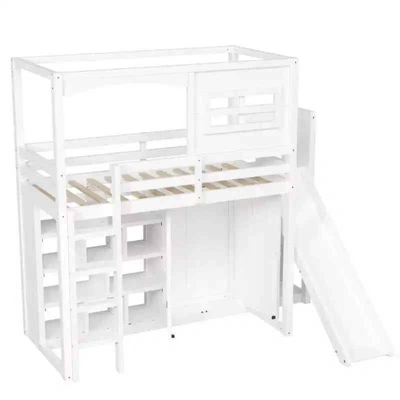 Lit mezzanine en bois pour enfant avec armoire, étagères de rangement, toboggan et lumières LED 7 couleurs, cadre robuste en pin/MDF, blanc - ModernLuxe