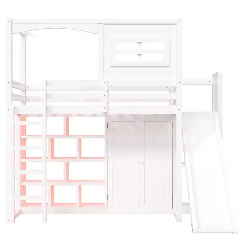 Lit mezzanine en bois pour enfant avec armoire, étagères de rangement, toboggan et lumières LED 7 couleurs, cadre robuste en pin/MDF, blanc - ModernLuxe