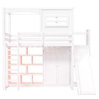 Lit mezzanine en bois pour enfant avec armoire, étagères de rangement, toboggan et lumières LED 7 couleurs, cadre robuste en pin/MDF, blanc - ModernLuxe