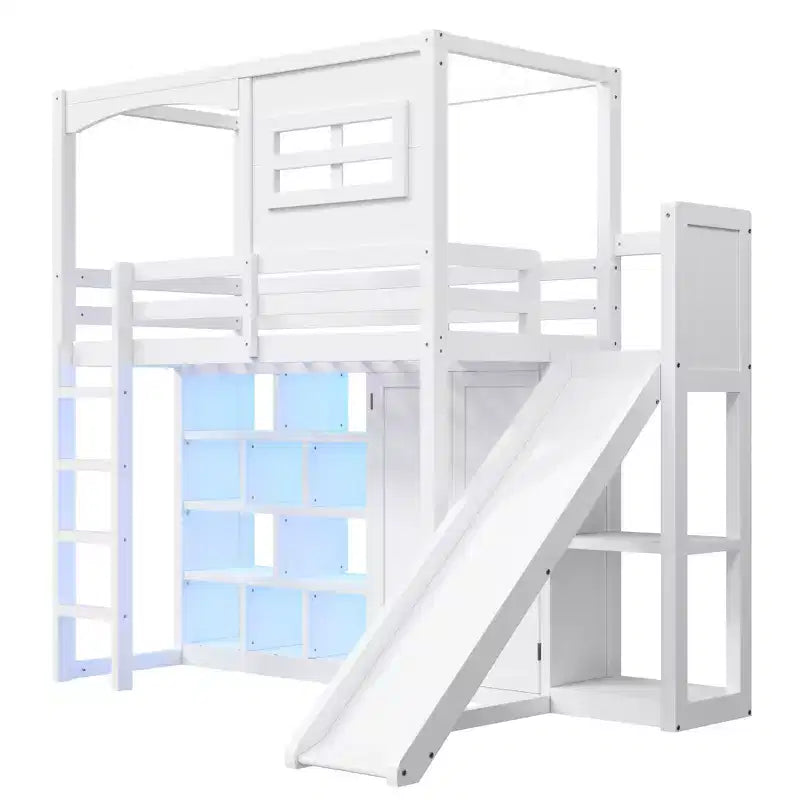 Lit mezzanine en bois pour enfant avec armoire, étagères de rangement, toboggan et lumières LED 7 couleurs, cadre robuste en pin/MDF, blanc - ModernLuxe