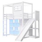 Lit mezzanine en bois pour enfant avec armoire, étagères de rangement, toboggan et lumières LED 7 couleurs, cadre robuste en pin/MDF, blanc - ModernLuxe