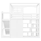 Lit mezzanine en bois pour enfant avec armoire, étagères de rangement, toboggan et lumières LED 7 couleurs, cadre robuste en pin/MDF, blanc - ModernLuxe