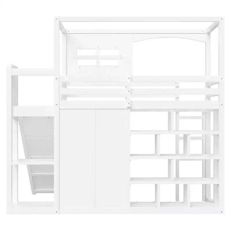 Lit mezzanine en bois pour enfant avec armoire, étagères de rangement, toboggan et lumières LED 7 couleurs, cadre robuste en pin/MDF, blanc - ModernLuxe