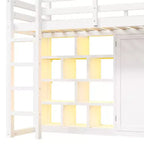 Lit mezzanine en bois pour enfant avec armoire, étagères de rangement, toboggan et lumières LED 7 couleurs, cadre robuste en pin/MDF, blanc - ModernLuxe