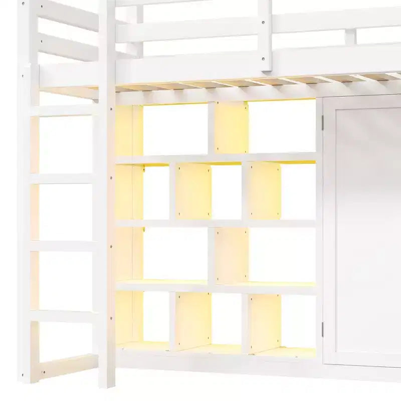 Lit mezzanine en bois pour enfant avec armoire, étagères de rangement, toboggan et lumières LED 7 couleurs, cadre robuste en pin/MDF, blanc - ModernLuxe