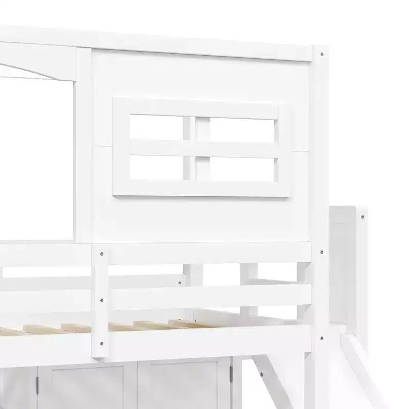 Lit mezzanine en bois pour enfant avec armoire, étagères de rangement, toboggan et lumières LED 7 couleurs, cadre robuste en pin/MDF, blanc - ModernLuxe