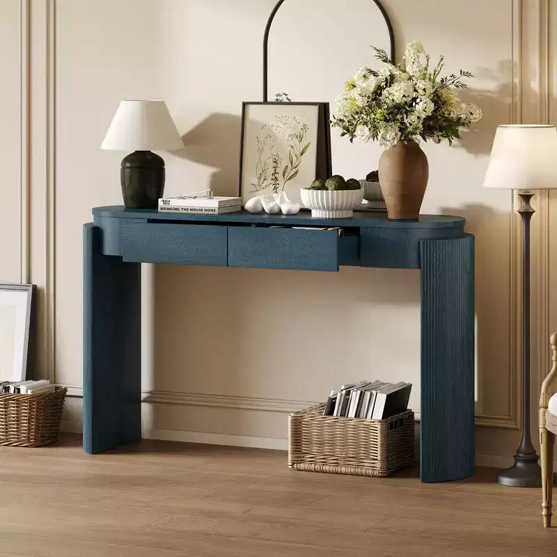 Table console moderne Okak 55,1 pouces avec finition grain de bois, table d'entrée avec plateau ovale et 2 tiroirs, table d'appoint pour salon, hall d'entrée, bleu marine