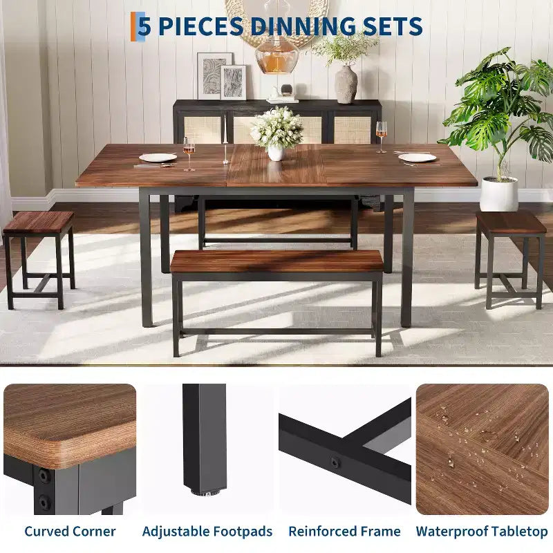 Ensemble de table de cuisine, table à manger extensible avec 2 bancs et 2 tabourets carrés, table de cuisine pour 8 personnes, assemblage facile