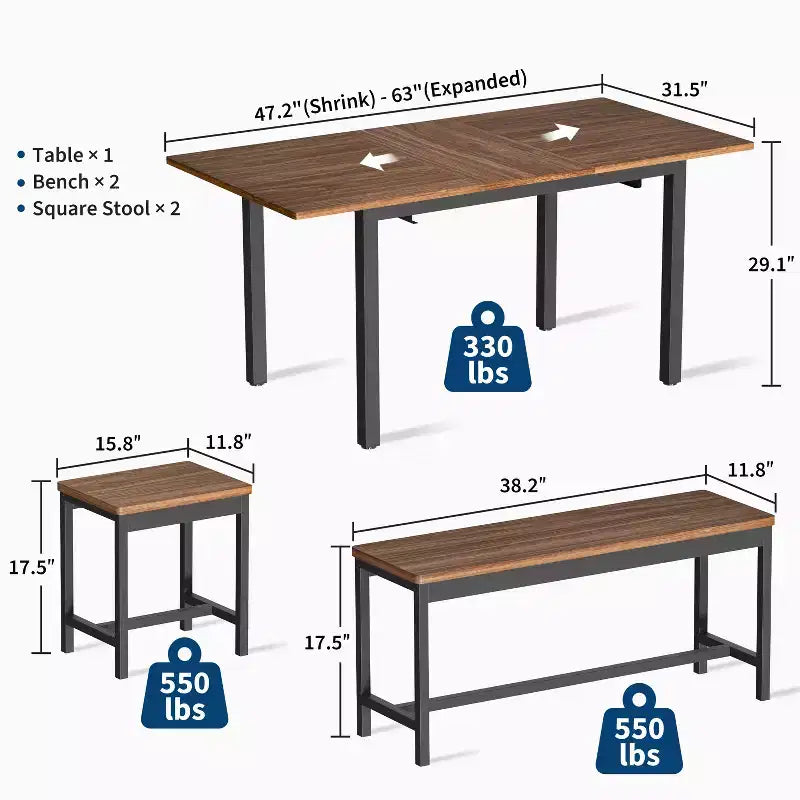 Ensemble de table de cuisine, table à manger extensible avec 2 bancs et 2 tabourets carrés, table de cuisine pour 8 personnes, assemblage facile