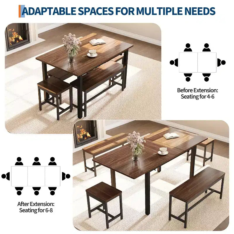 Ensemble de table de cuisine, table à manger extensible avec 2 bancs et 2 tabourets carrés, table de cuisine pour 8 personnes, assemblage facile