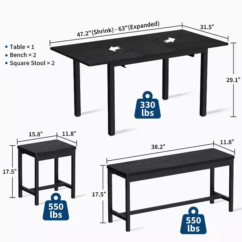 Ensemble de table de cuisine, table à manger extensible avec 2 bancs et 2 tabourets carrés, table de cuisine pour 8 personnes, assemblage facile
