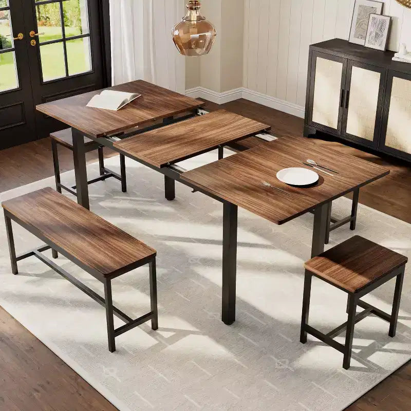 Ensemble de table de cuisine, table à manger extensible avec 2 bancs et 2 tabourets carrés, table de cuisine pour 8 personnes, assemblage facile