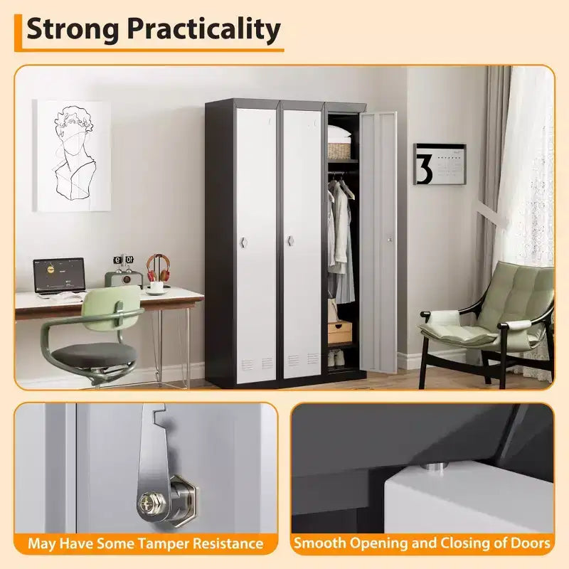 Armoire de rangement métallique robuste de 180 cm, Armoire en acier à 2 portes avec tringle de suspension et étagère pour bureau, salle de sport, école
