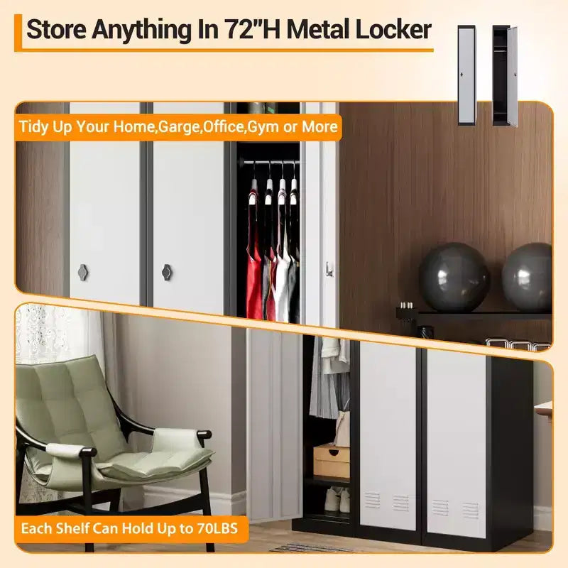 Armoire de rangement métallique robuste de 180 cm, Armoire en acier à 2 portes avec tringle de suspension et étagère pour bureau, salle de sport, école