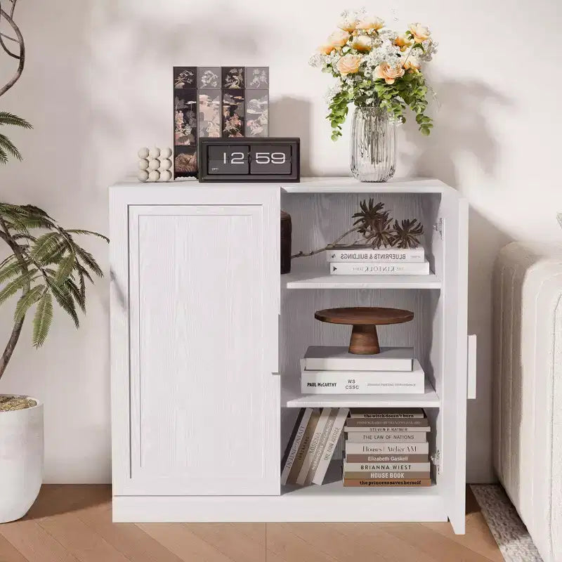 Meuble de rangement haut de 79 cm imitation bois, couleur blanche, avec 2 portes en bois massif pour chambre à coucher, salon/salle à manger