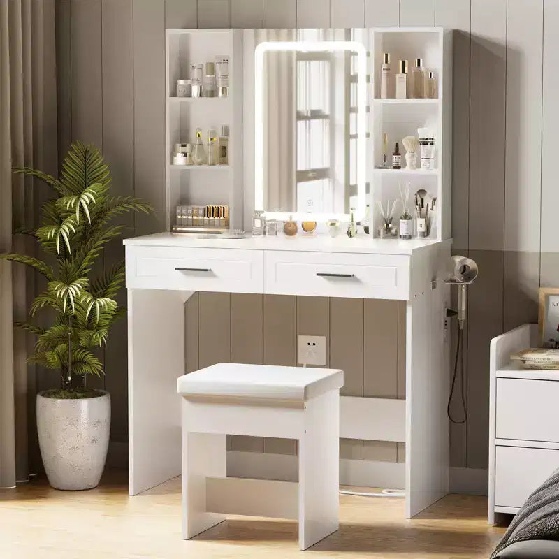 Hommpa Makeup Desk Vanity with Charging Station and Storage Shelves White Basic
