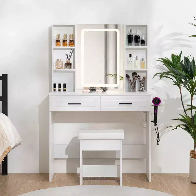 Coiffeuse Hommpa avec station de charge et étagères de rangement Blanc Basique