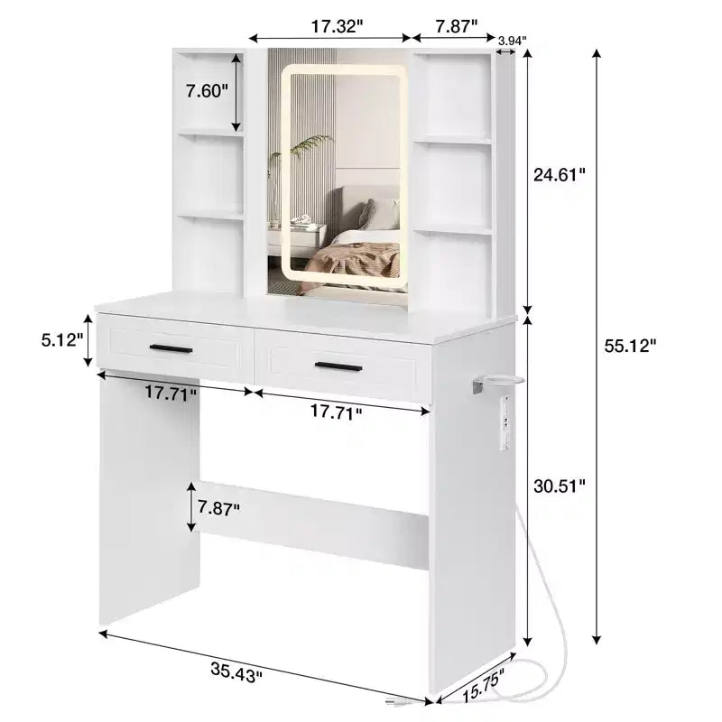 Coiffeuse Hommpa avec station de charge et étagères de rangement Blanc Basique