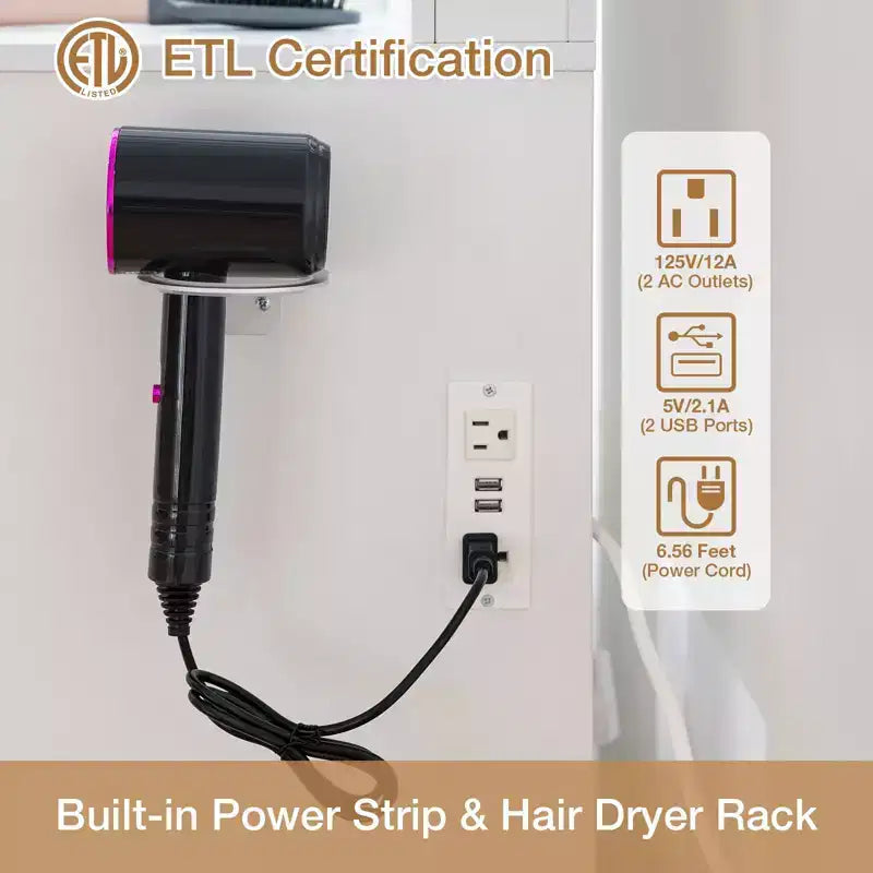 Coiffeuse Hommpa avec station de charge et étagères de rangement Blanc Basique