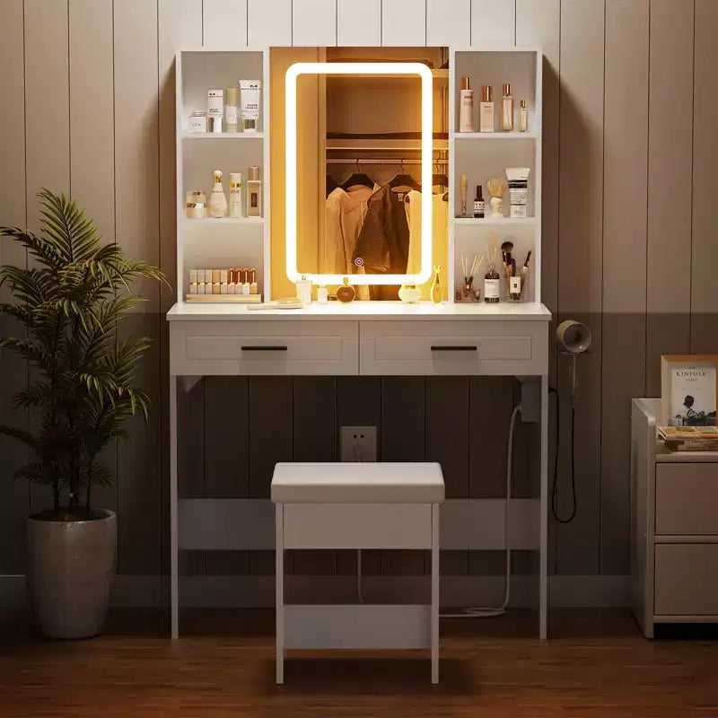 Coiffeuse Hommpa avec station de charge et étagères de rangement Blanc Basique